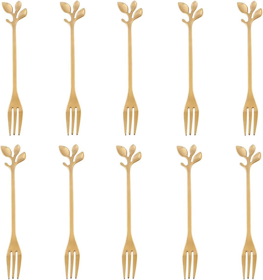 10-Piece Gold Mini Leaf Dessert Fork Set - 4.7-Inch Elegant Stainless Steel Fruit, Appetizer, Cake and Salad Forks - Perfect for Cocktail Parties and Home Use