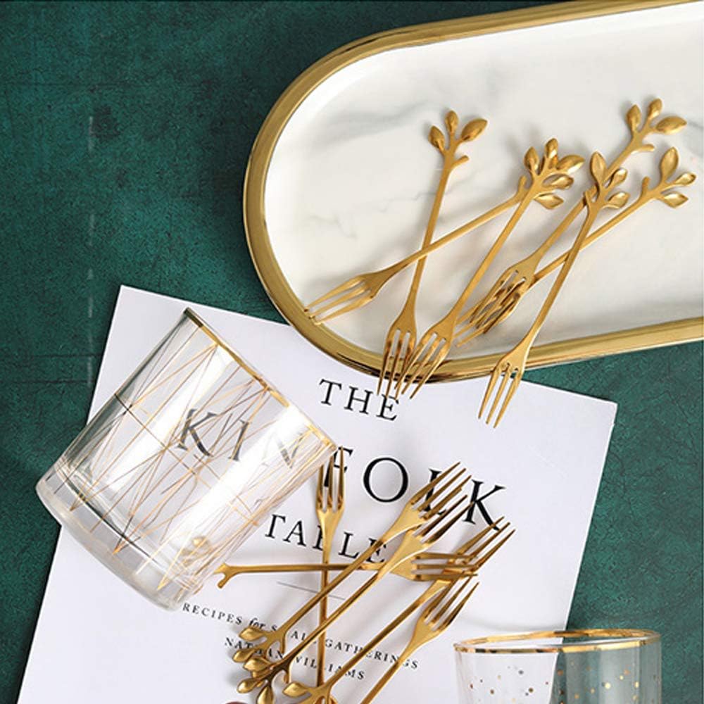10-Piece Gold Mini Leaf Dessert Fork Set - 4.7-Inch Elegant Stainless Steel Fruit, Appetizer, Cake and Salad Forks - Perfect for Cocktail Parties and Home Use