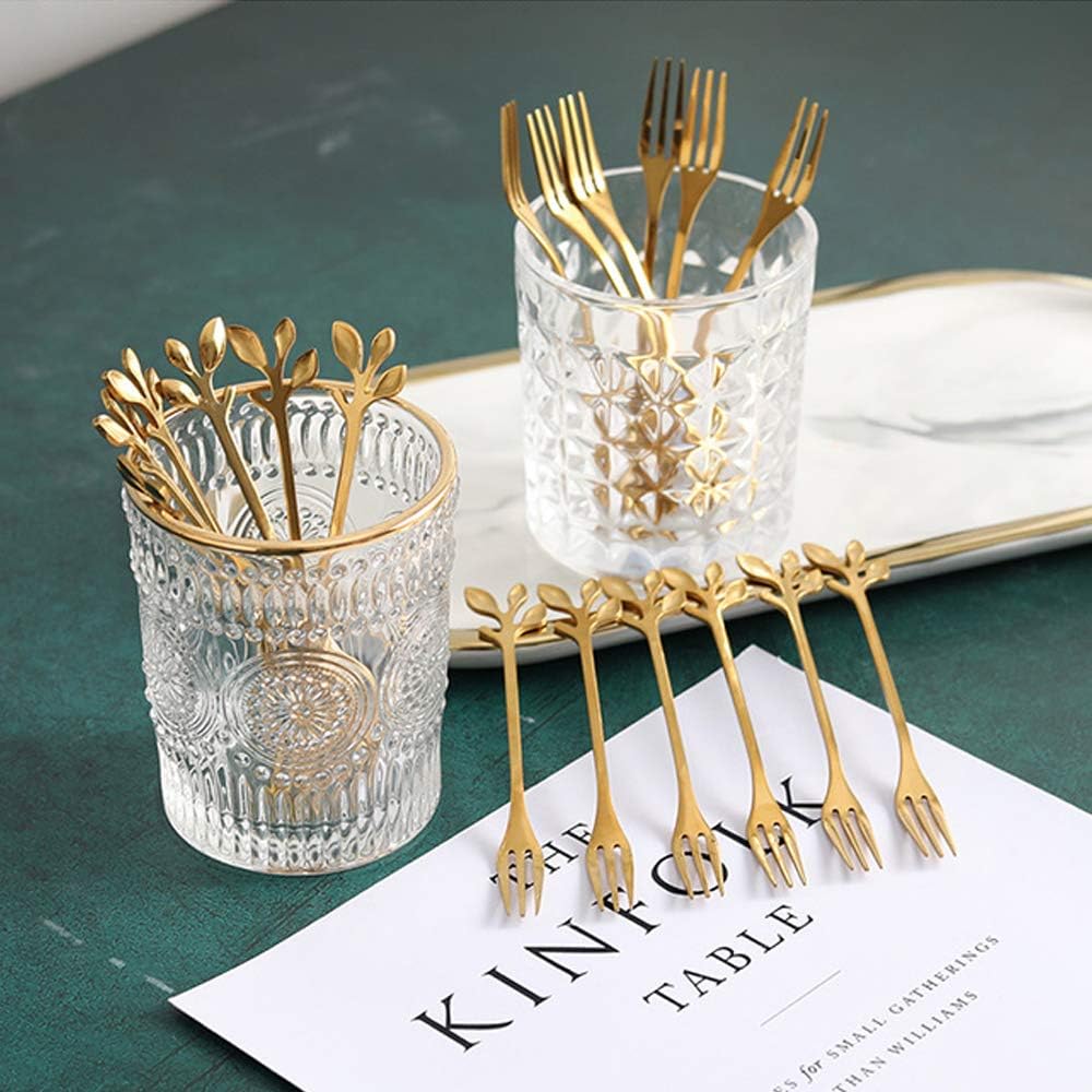 10-Piece Gold Mini Leaf Dessert Fork Set - 4.7-Inch Elegant Stainless Steel Fruit, Appetizer, Cake and Salad Forks - Perfect for Cocktail Parties and Home Use