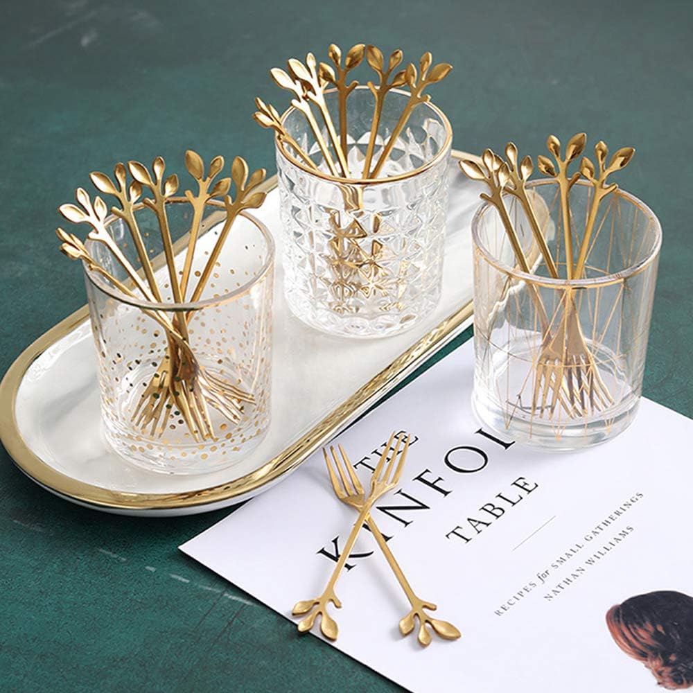 10-Piece Gold Mini Leaf Dessert Fork Set - 4.7-Inch Elegant Stainless Steel Fruit, Appetizer, Cake and Salad Forks - Perfect for Cocktail Parties and Home Use
