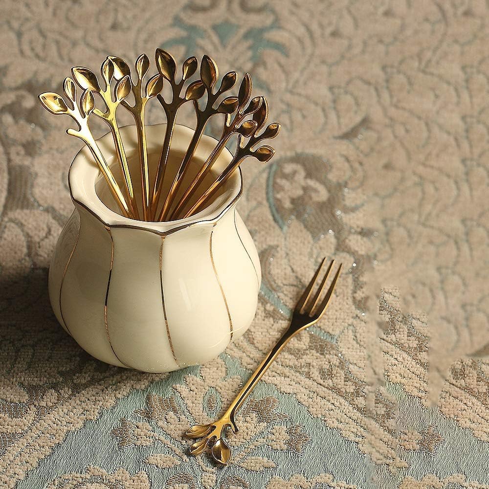 10-Piece Gold Mini Leaf Dessert Fork Set - 4.7-Inch Elegant Stainless Steel Fruit, Appetizer, Cake and Salad Forks - Perfect for Cocktail Parties and Home Use